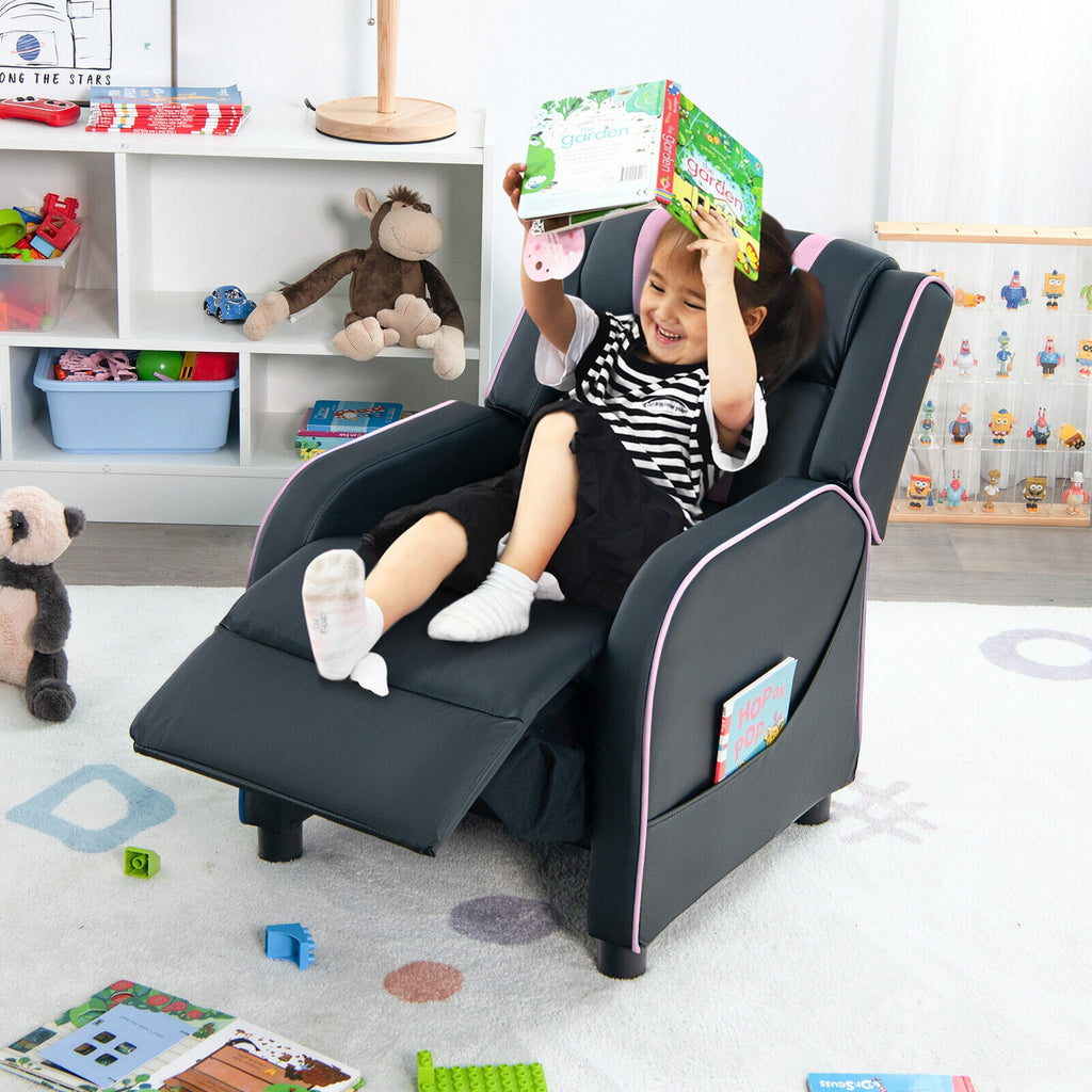 Kids Recliner Chair with Side Pockets & Footrest - Style G Pink