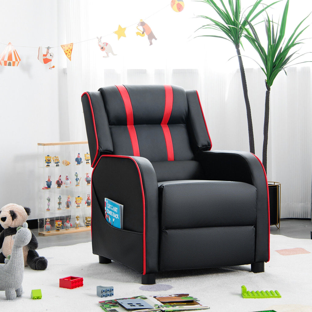 Kids Recliner Chair with Side Pockets & Footrest - Style G, Red