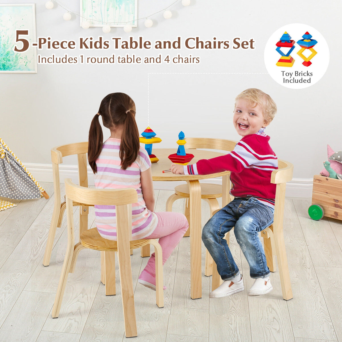 Kids Wooden Curved Back Activity Table and Chair Set - Round Natural