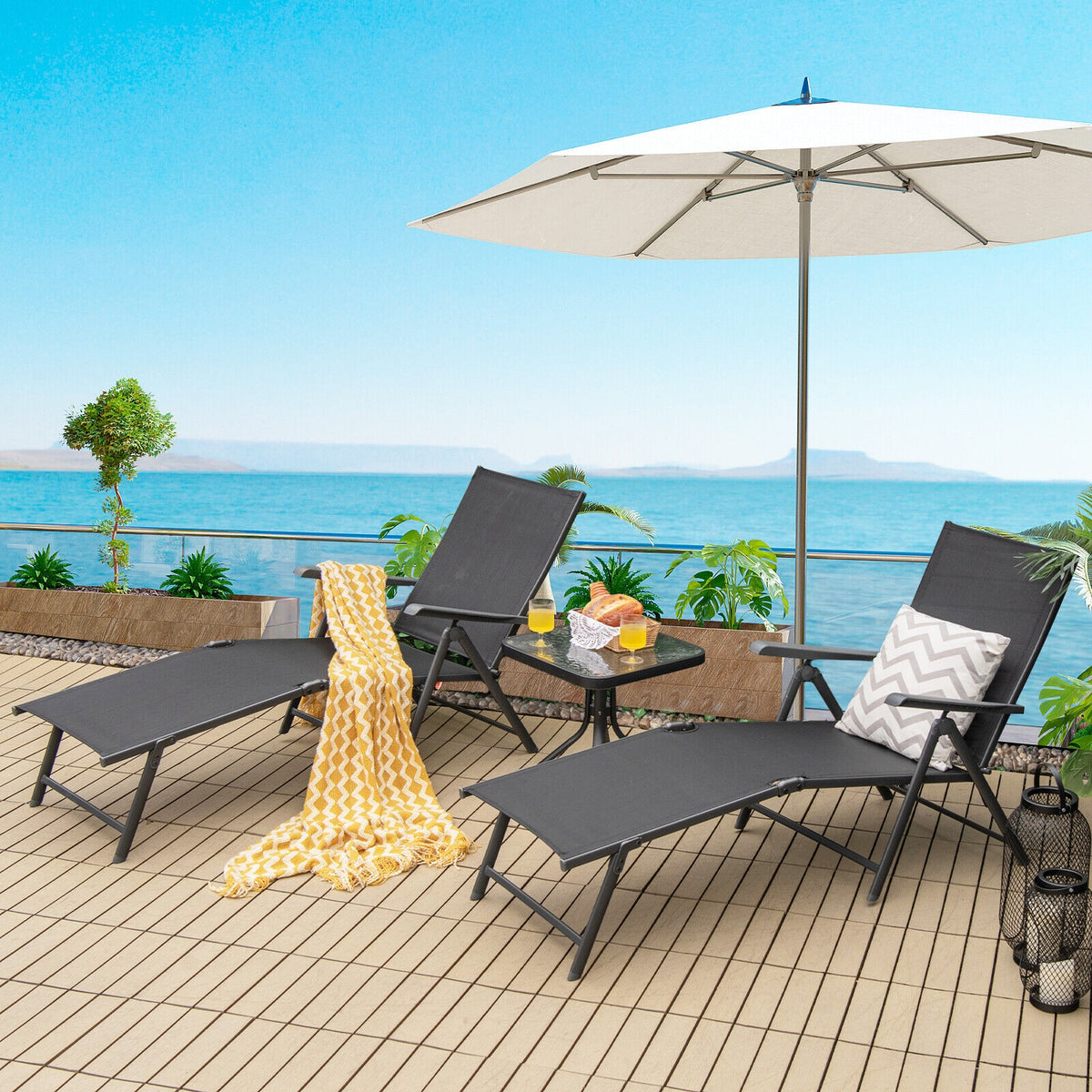 Foldable Chaise Lounge Chair with Footrest - Black