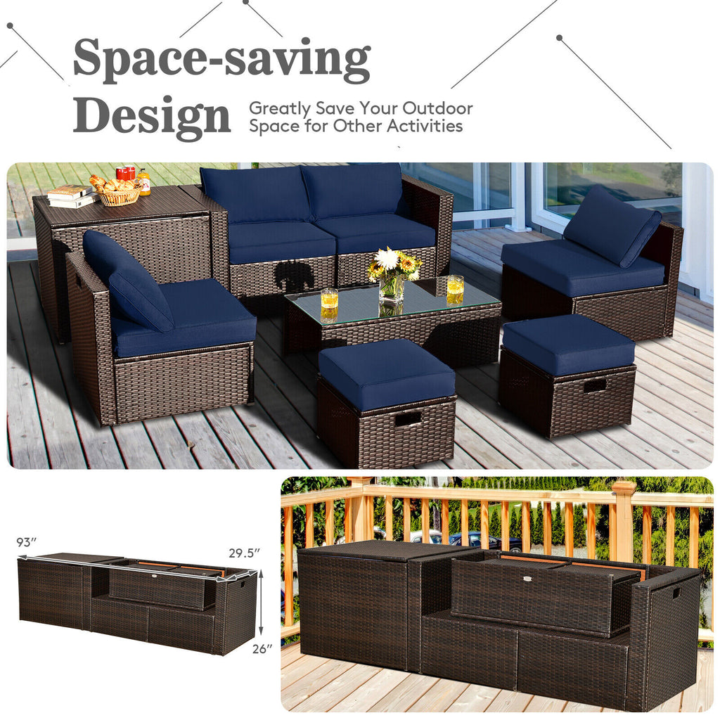 8-Piece Patio Rattan Furniture Set with Storage Box & Waterproof Cover - Brown, Navy