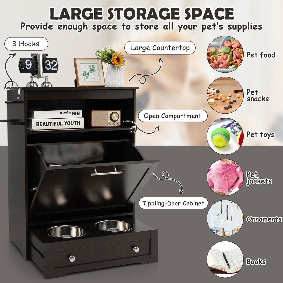 Pet Feeder Station with Stainless Steel Bowls - Coffee Variation