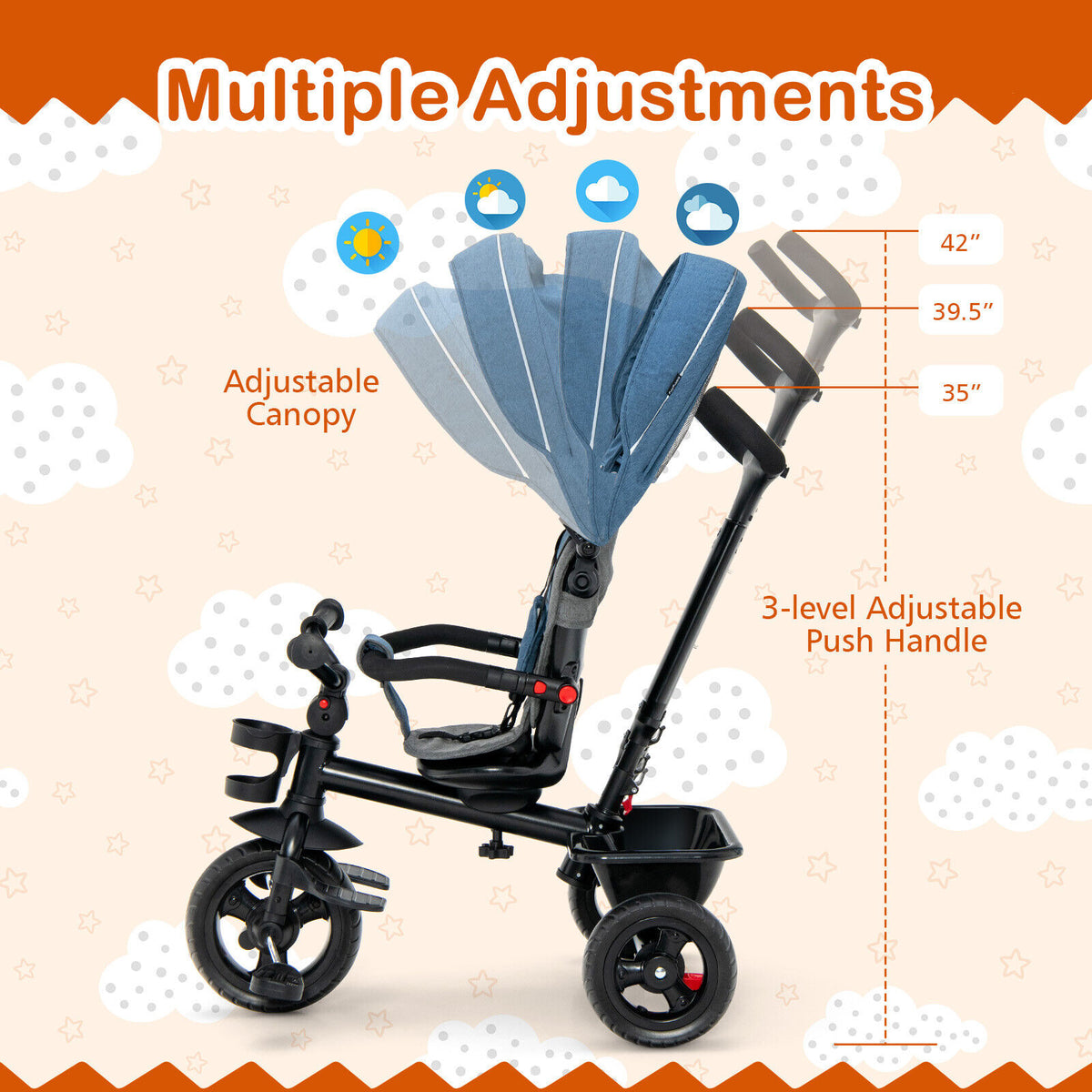 4-in-1 Baby Tricycle Toddler Trike with Reversible Seat & Blue Variation
