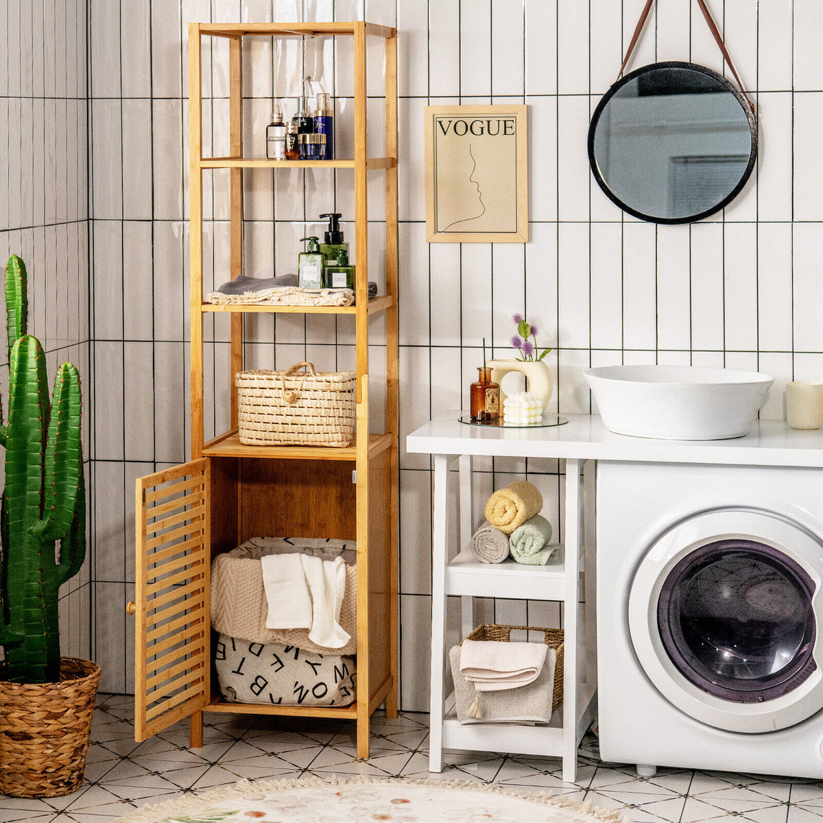 4-Tier Bamboo Floor Storage Cabinet with Shutter Door - 62-inch H