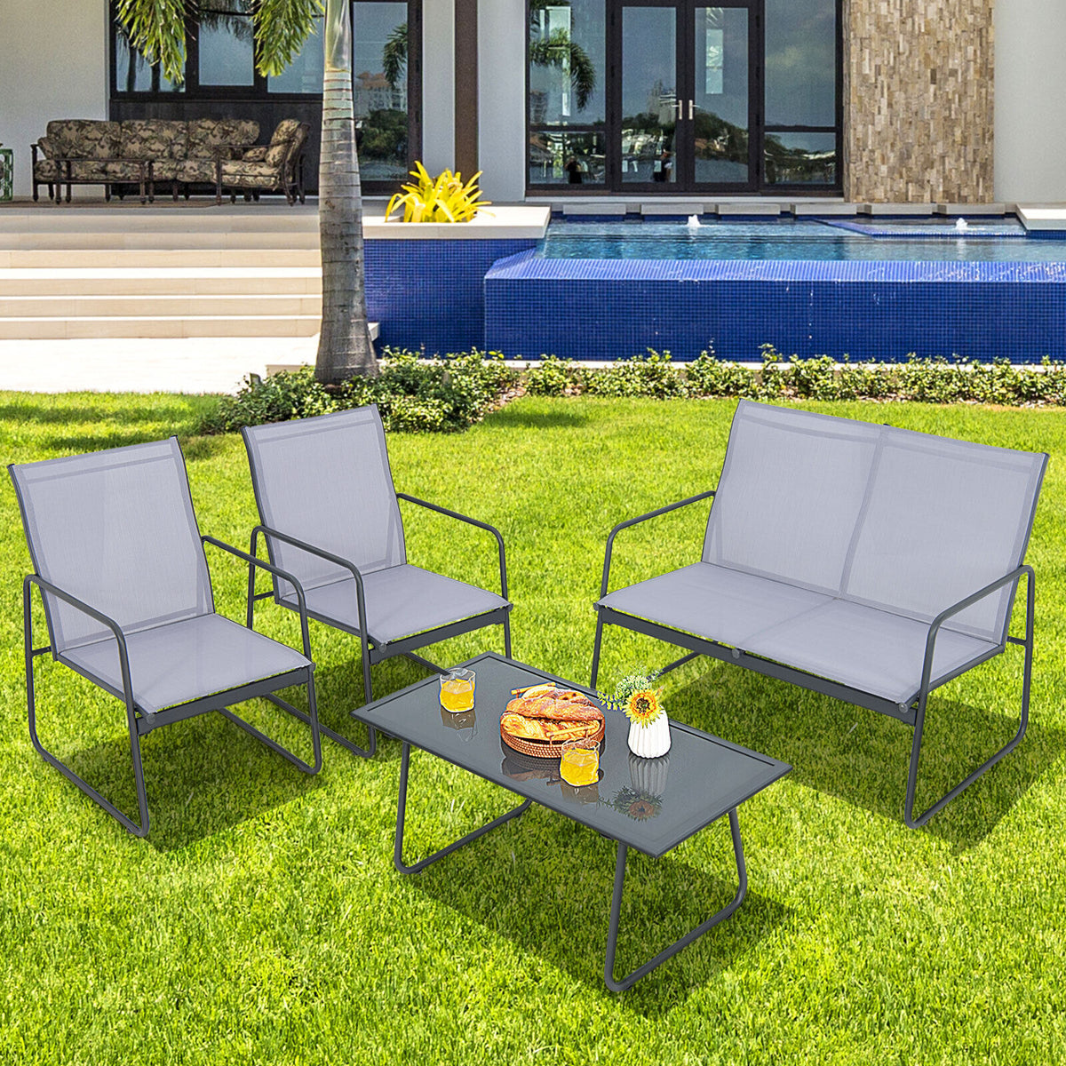 4 Pieces of Metal Patio Furniture Chat Set with Tempered Glass Coffee
