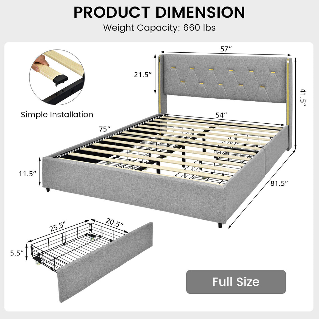 Full Size Upholstered Bed Frame with High Headboard & Storage Drawers - Silver