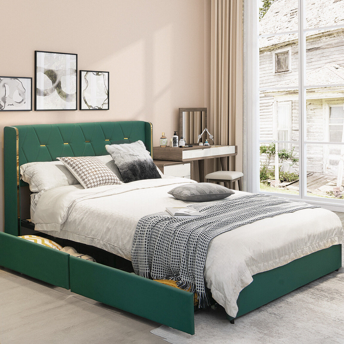 PU Leather Platform Bed Frame with 4 Drawers - Full, Green