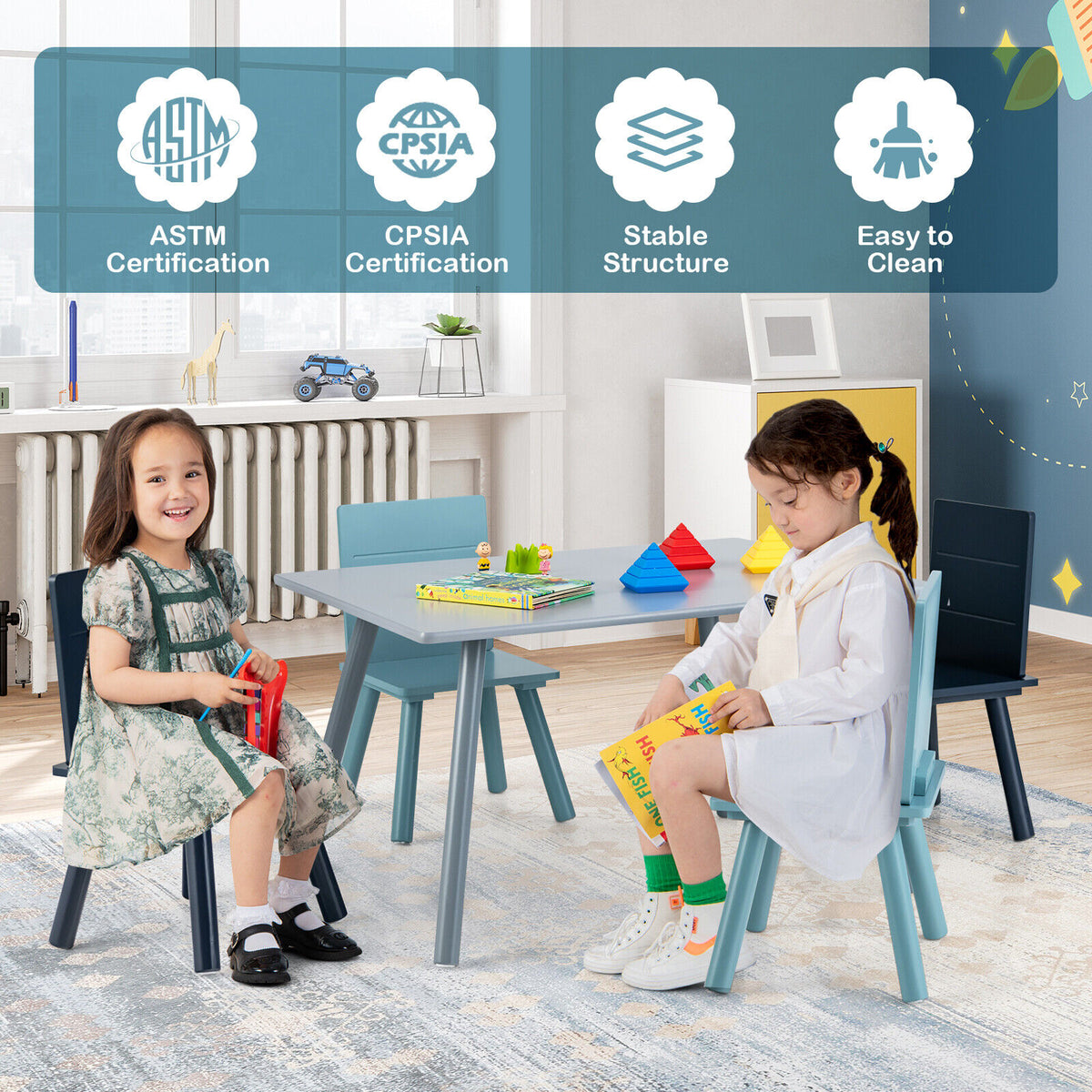 Kids Wooden Activity Play Furniture Set with Building Blocks - Blue, 5 Pieces