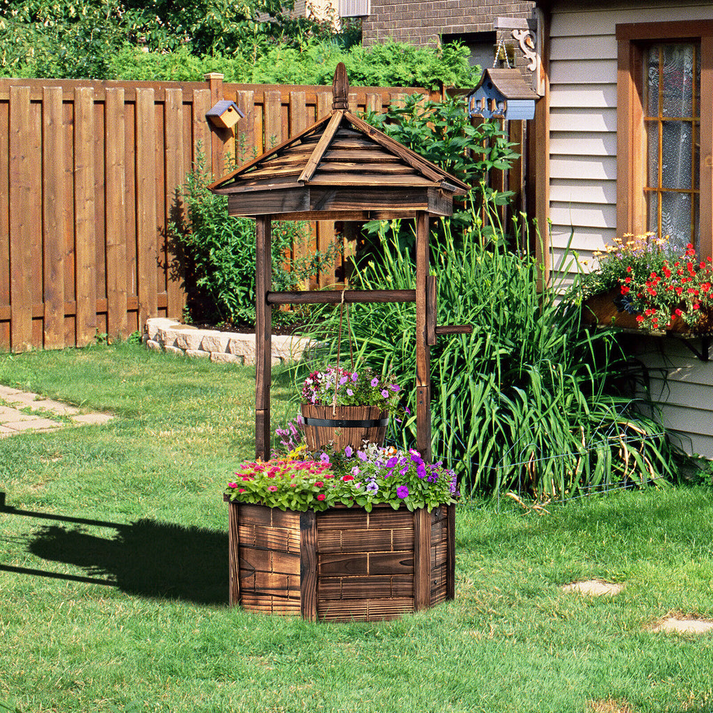 Rustic Wooden Wishing Well with Adjustable Bucket - Brown