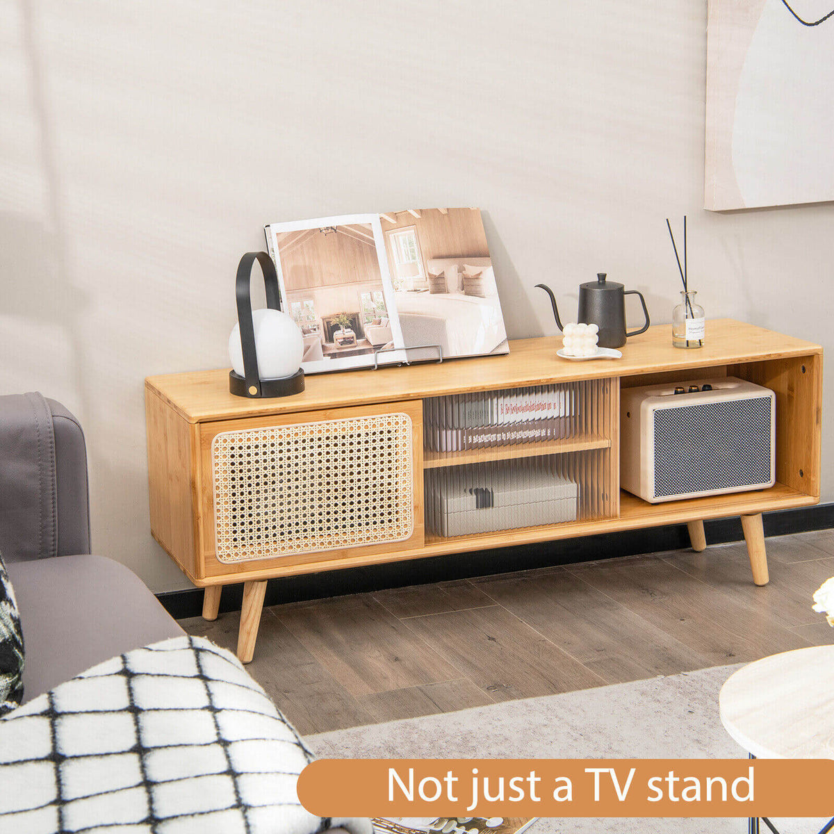 Modern TV Stand with Rattan Glass Sliding Doors, Natural