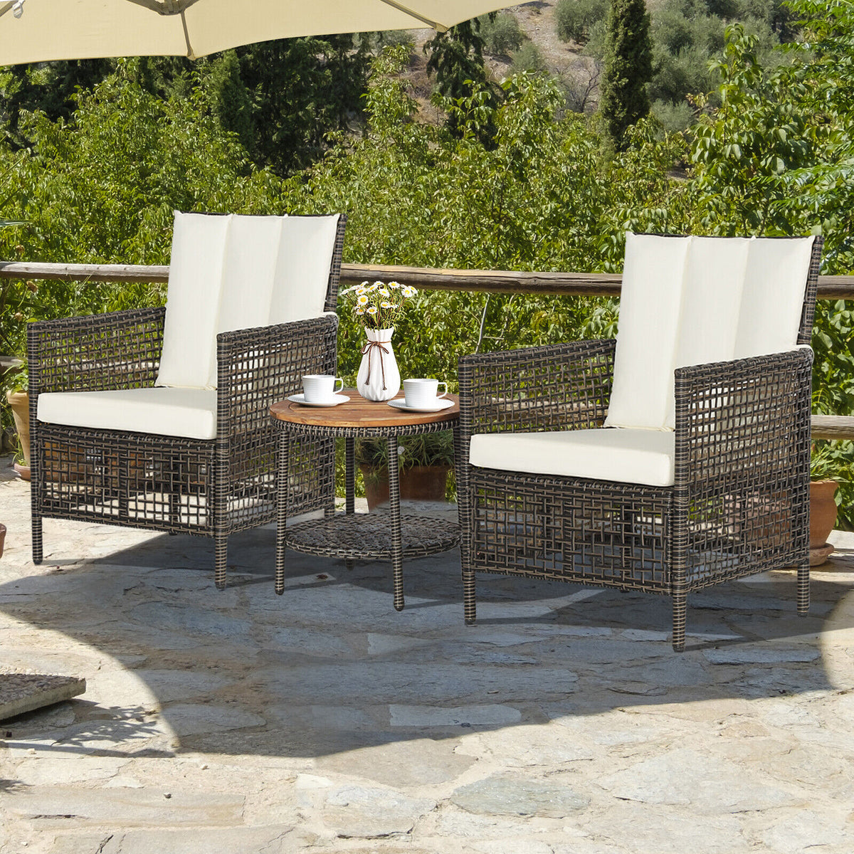 3 Pieces Patio Rattan Furniture Set with Cushioned Sofas and Wood