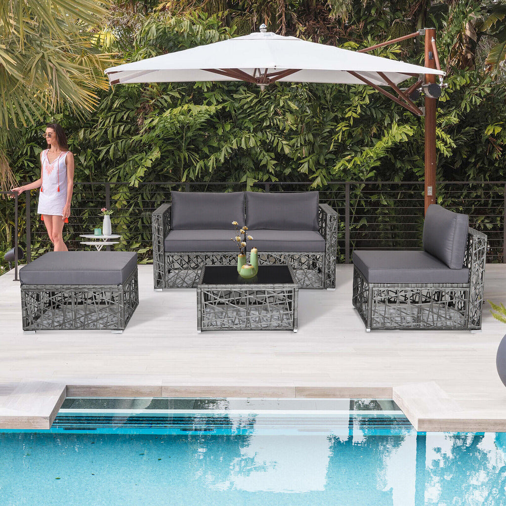 5-Piece PE Rattan Patio Sectional Sofa Set - Gray
