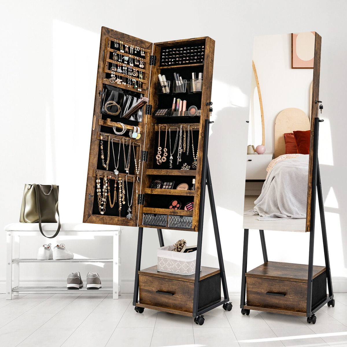 Jewelry Cabinet with Full-Length Mirror - White