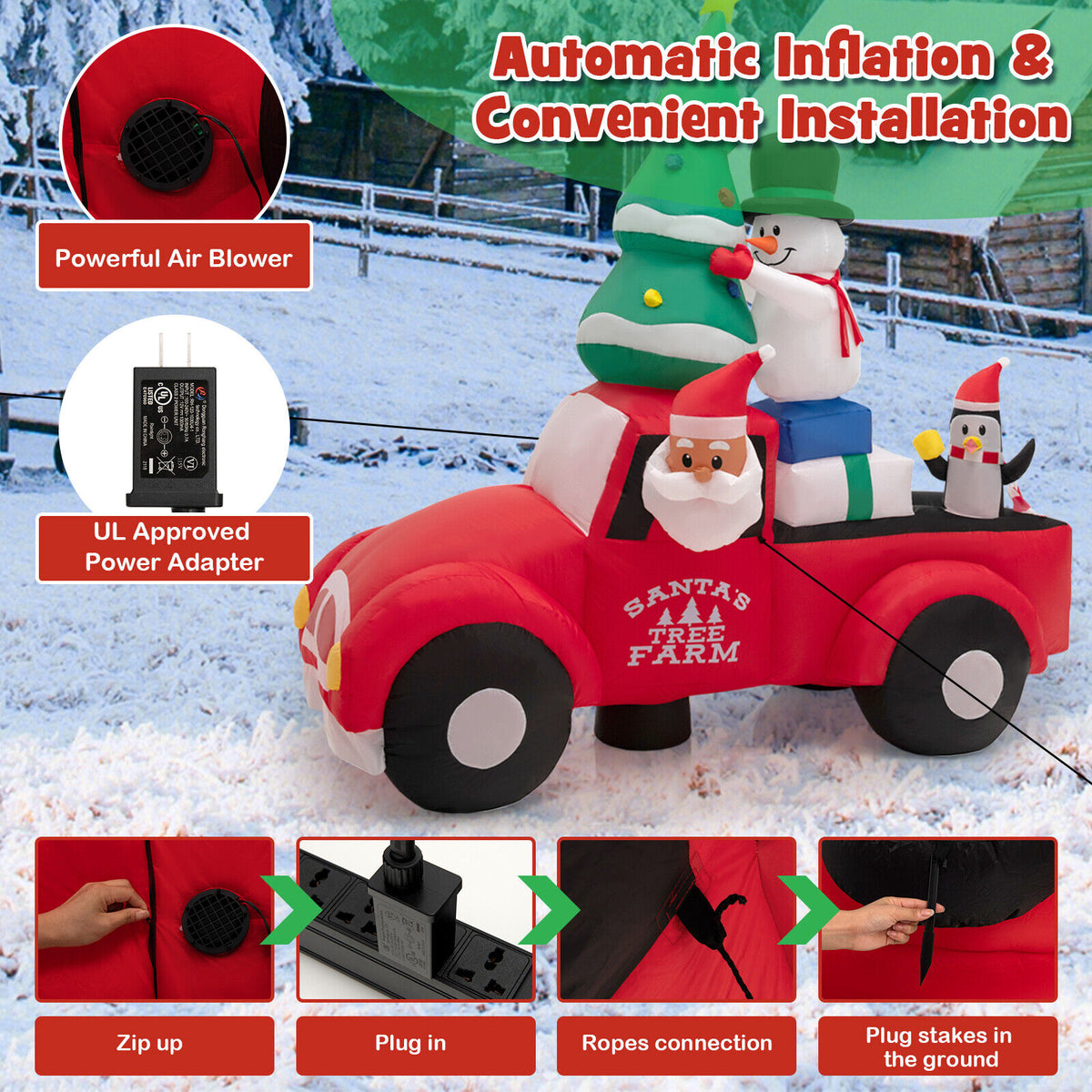 Inflatable Santa Claus Driving a Car with LED Lights & Air Blower - 8ft Christmas Decoration - Santa Car B Style