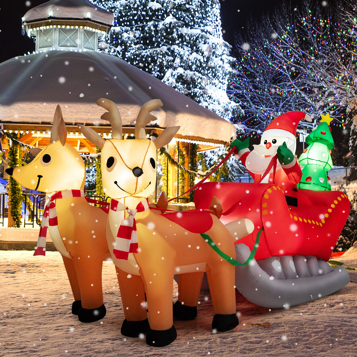 Inflatable Santa on Reindeer Sleigh with LED Lights - 7.2 Feet Christmas Yard Decor - Reindeer Pulling Style