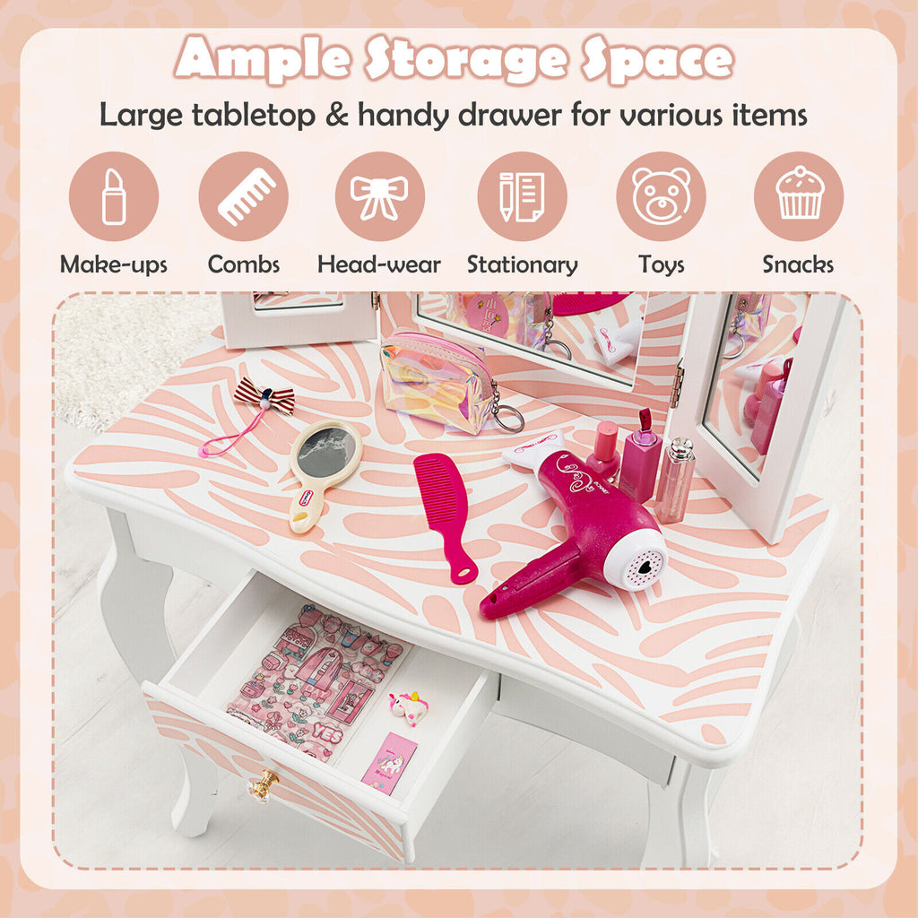 Kids Vanity Table Set with Tri-Fold Mirror - Pink, 2-in-1 Dressing & Writing Desk