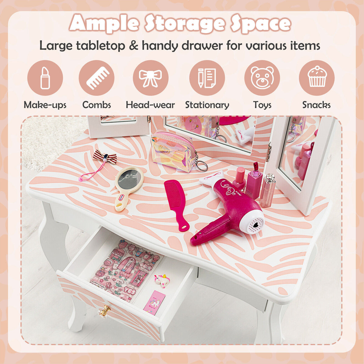 Kids Vanity Table Set with Tri-Fold Mirror - Pink, 2-in-1 Dressing & Writing Desk