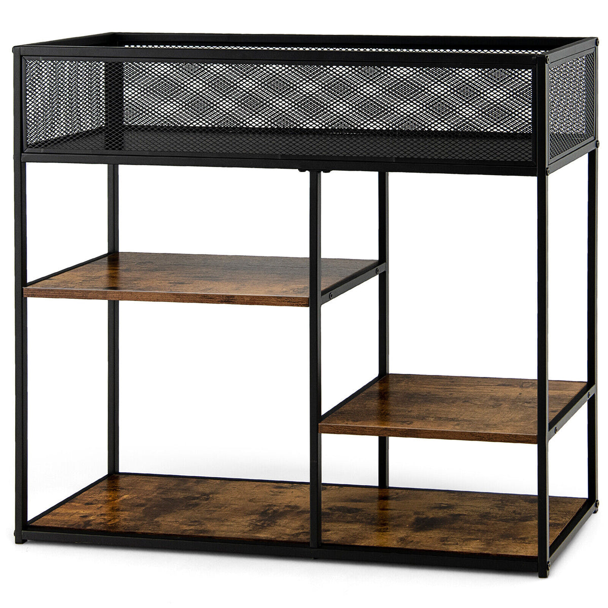 Narrow Console Table with 2 Drawers & 2 Metal Mesh Shelves, Gray