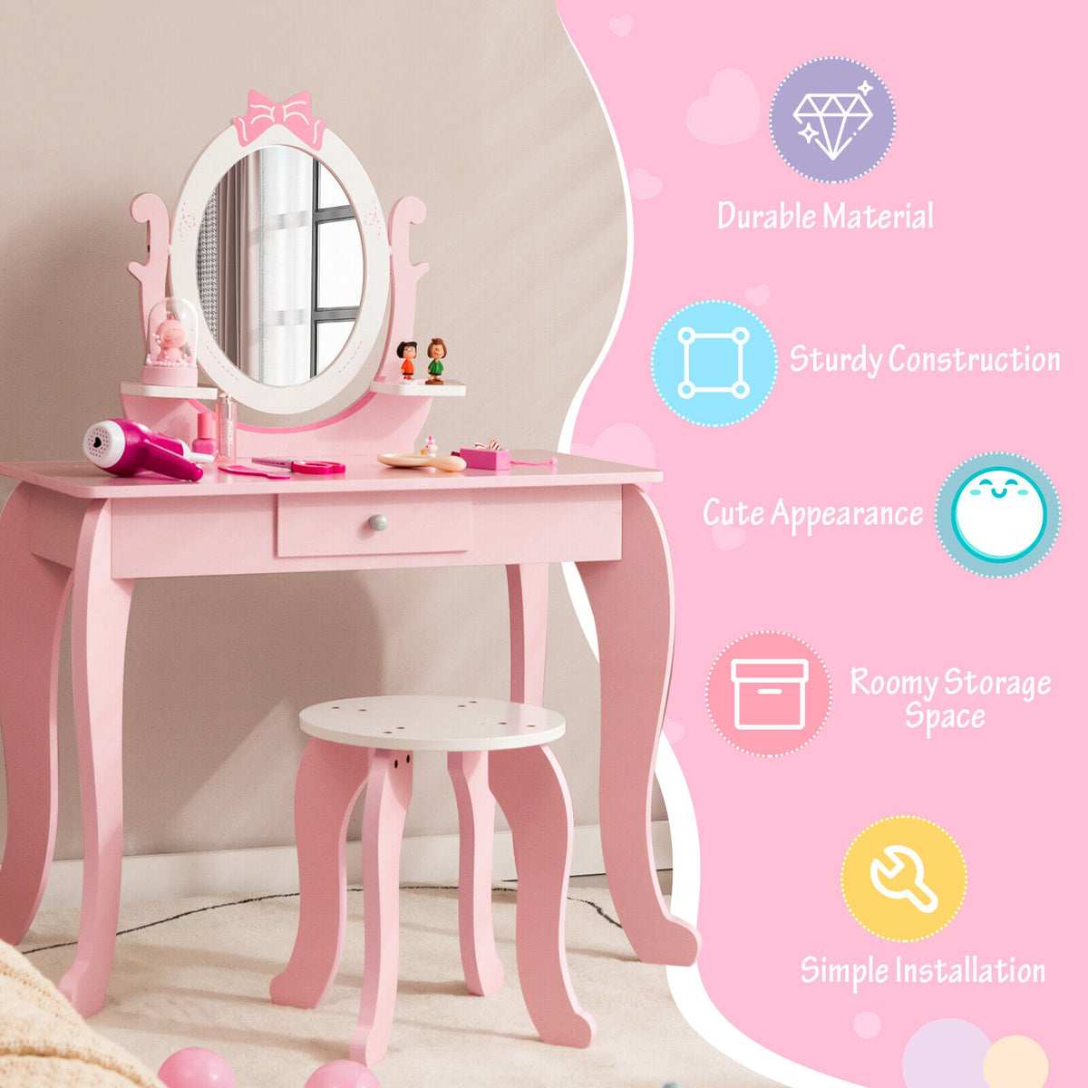 Kids Vanity Table Stool Set with Pink Storage Drawer & Rotatable Mirror - Costway