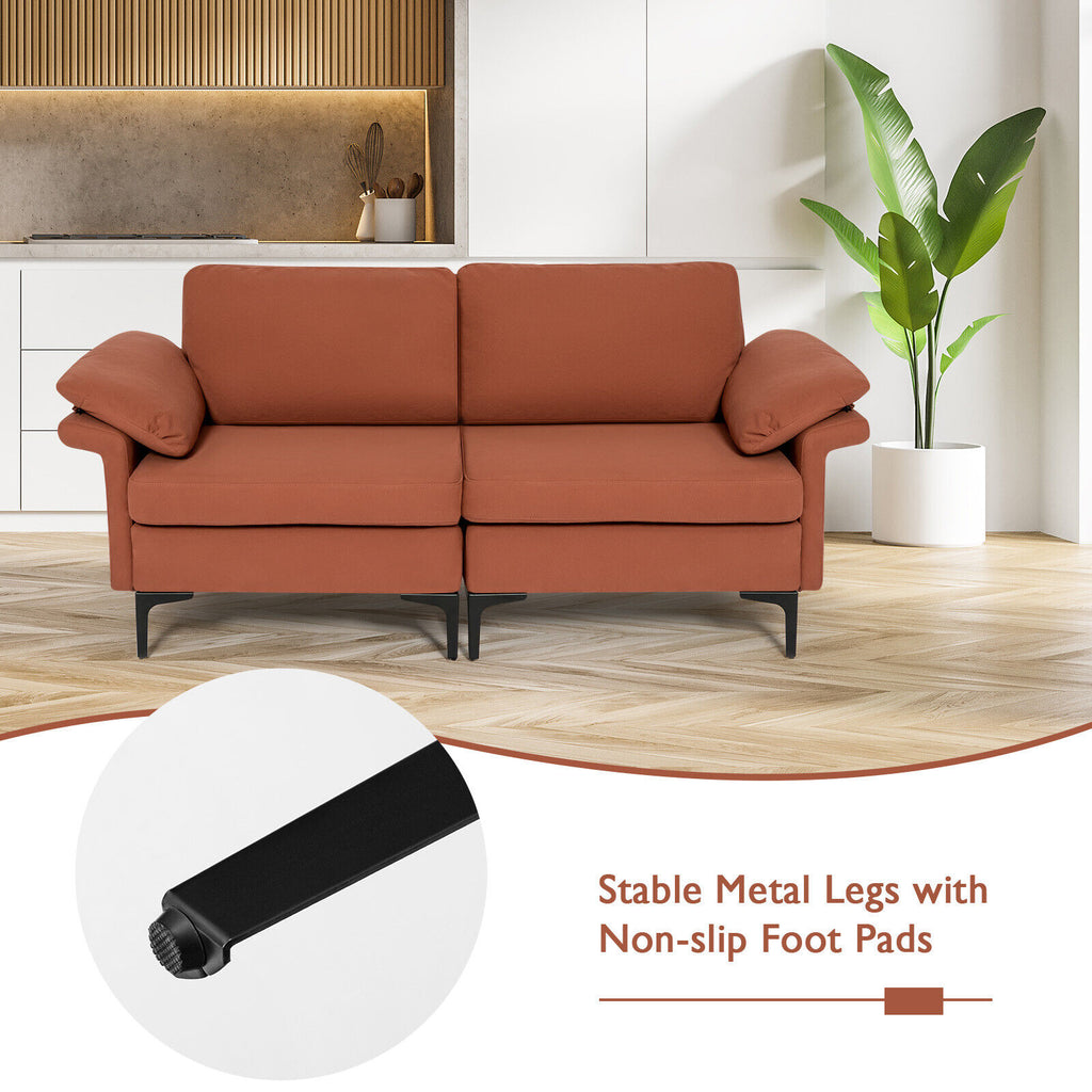 Rust Red Loveseat Sofa with Metal Legs & Armrest Pillows
