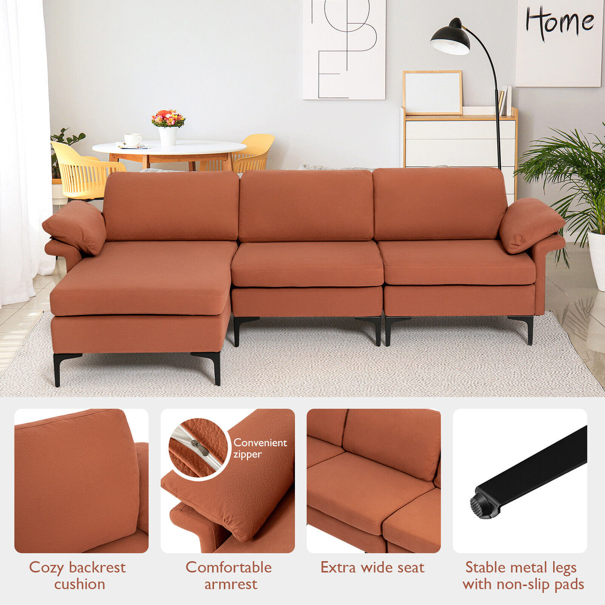 3-Seat L-Shaped Sectional Sofa with Reversible Chaise, Rust Red