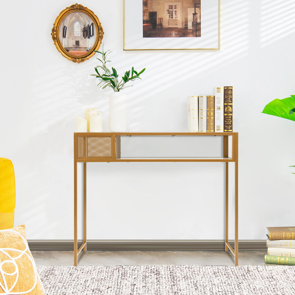 Faux Marble Console Table with Wire Basket for Entryway