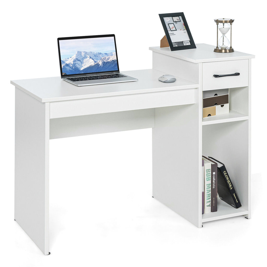 Compact Computer Desk with Drawer and CPU Stand, White