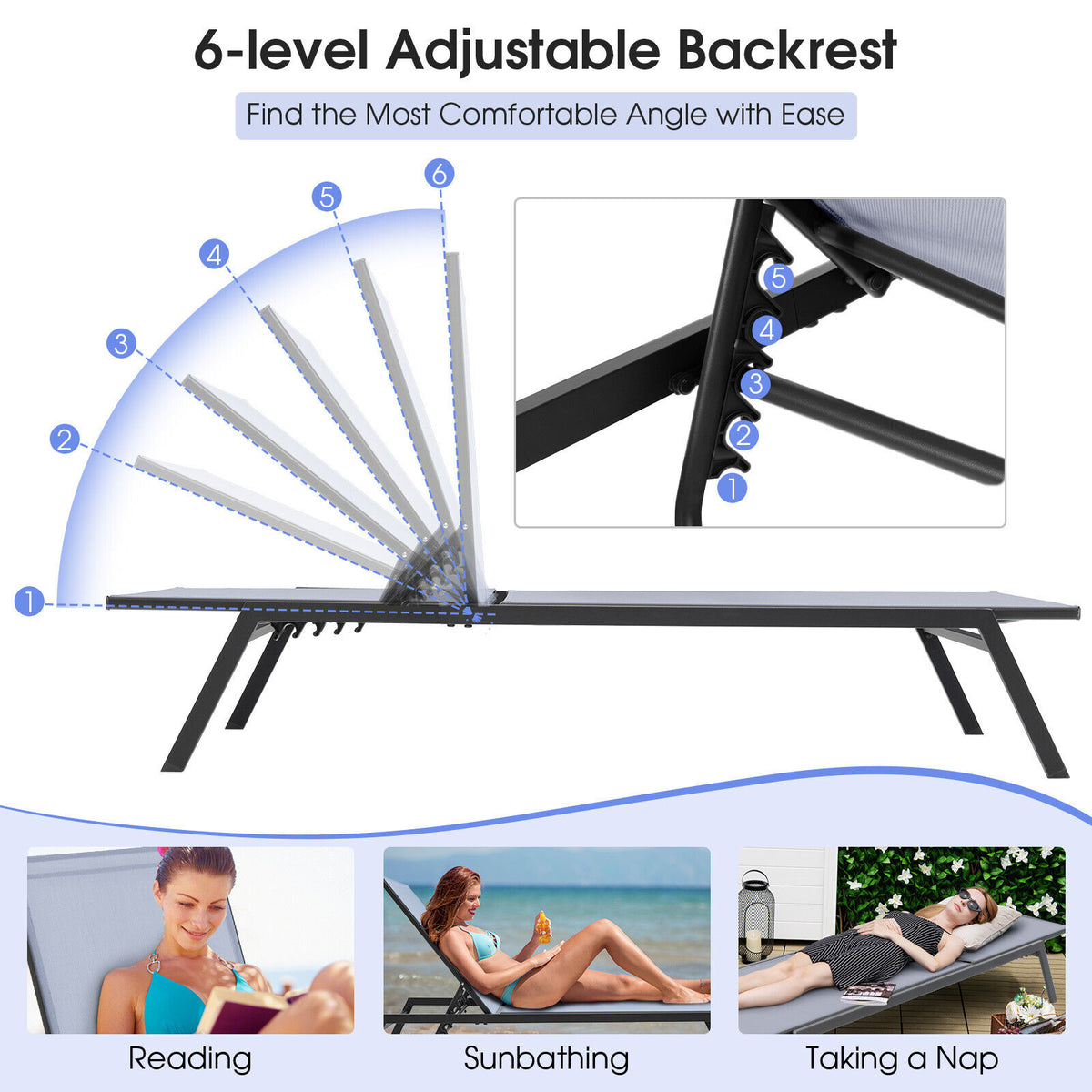 Outdoor Adjustable Chaise Lounge Chair with Lay Flat Position and