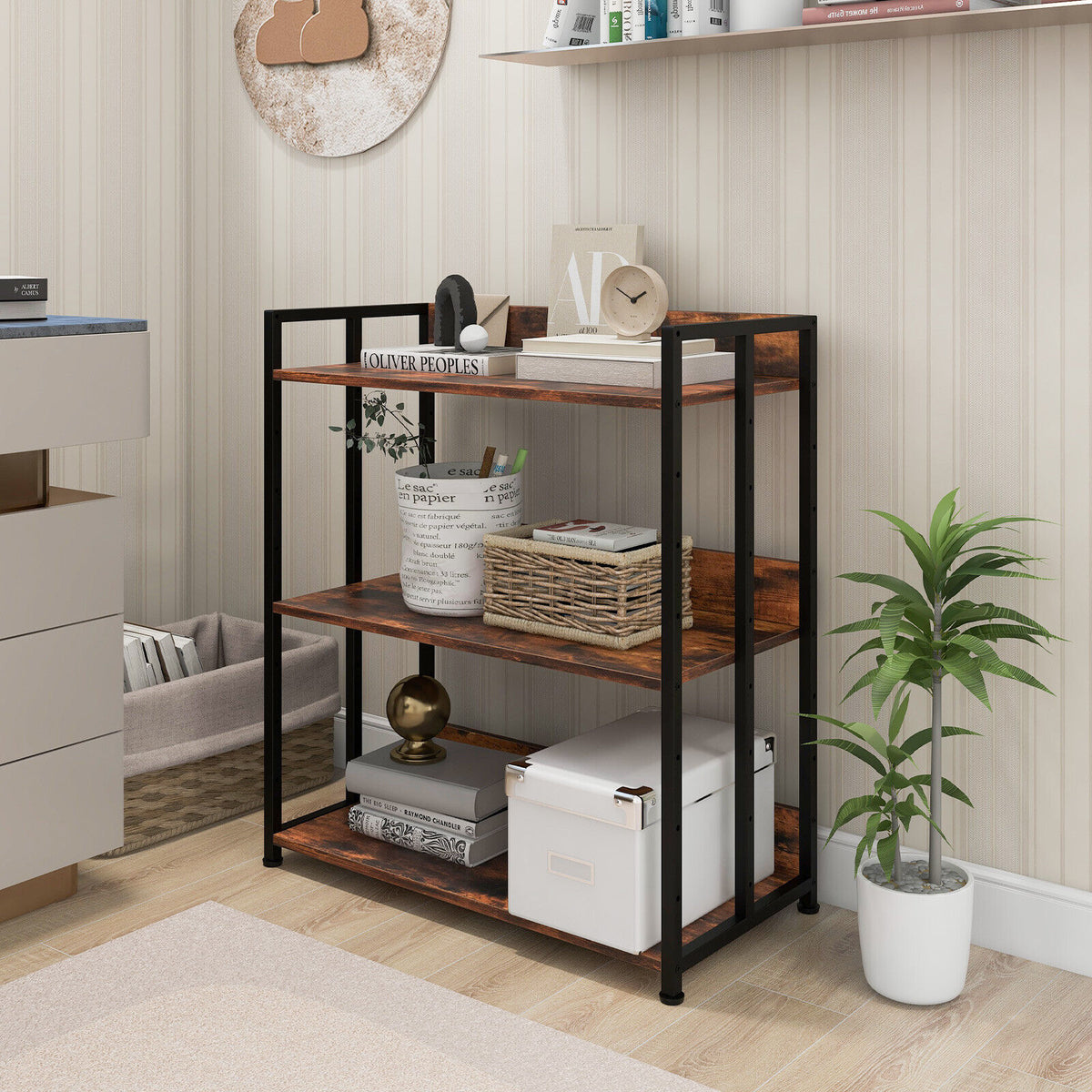 3-Tier Industrial Bookshelf with Adjustable Metal Frame Shelves