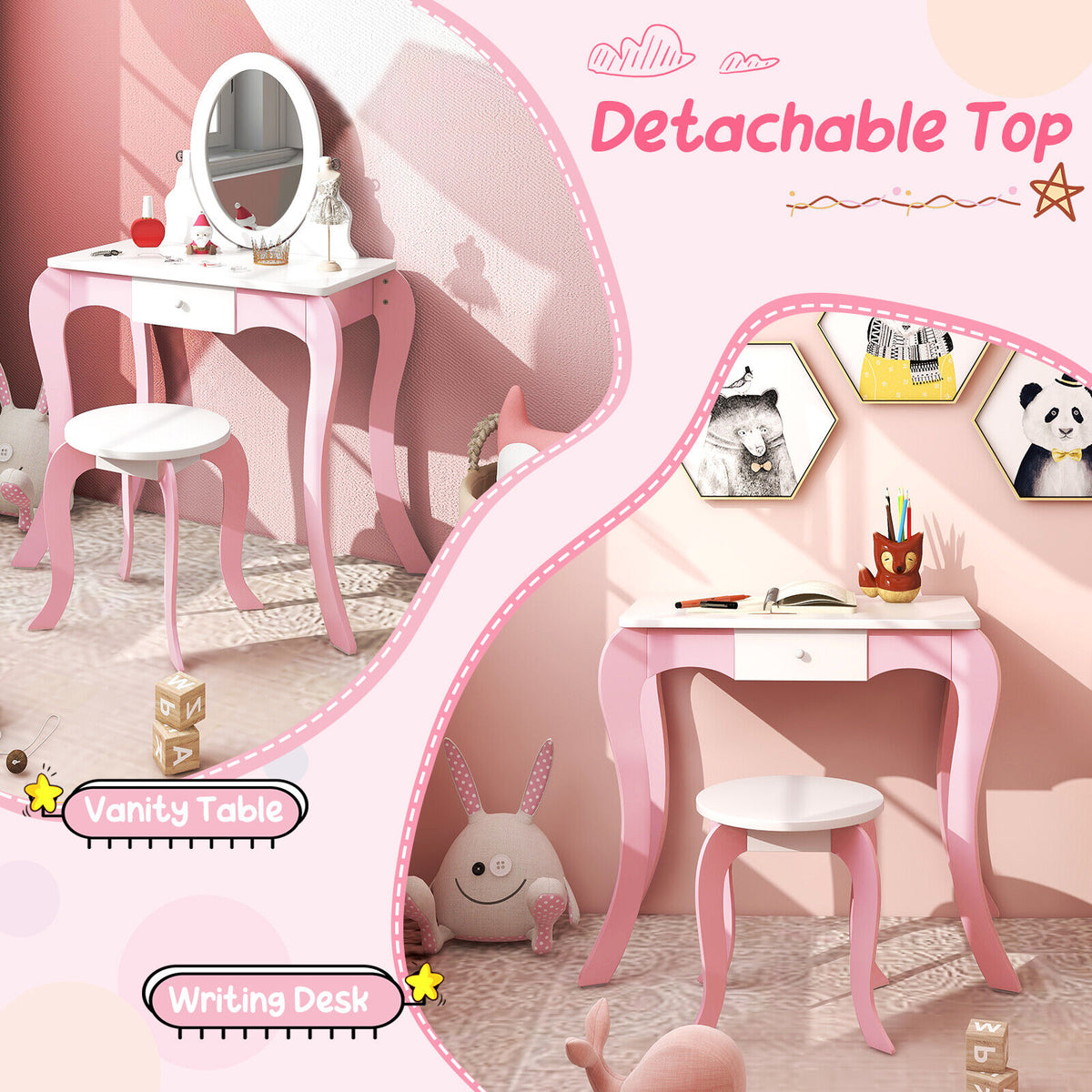 Kids Vanity Set with Rotatable Mirror & Play Accessories - Elliptical Style