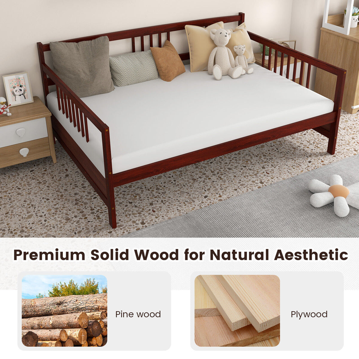Wooden Full Size Daybed Frame with Guardrails - Brown