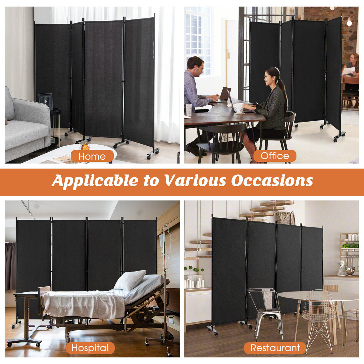 4-Panel Folding Room Divider Privacy Screen with Lockable Wheels - Black, 4 Panels & Wheels