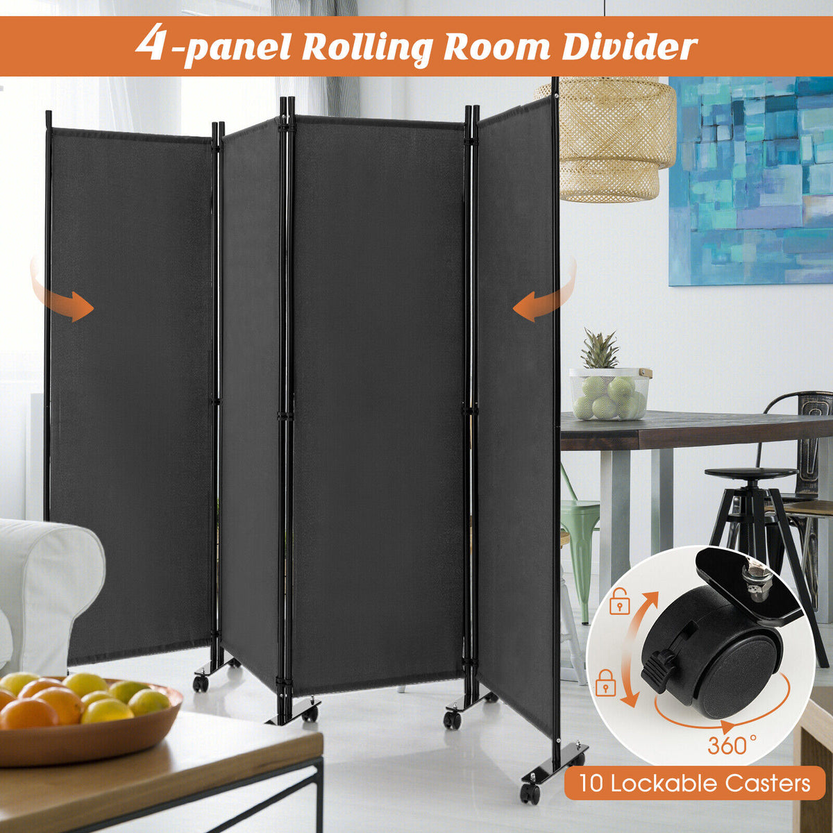 4-Panel Folding Room Divider Privacy Screen with Lockable Wheels - Gray, Includes Variation