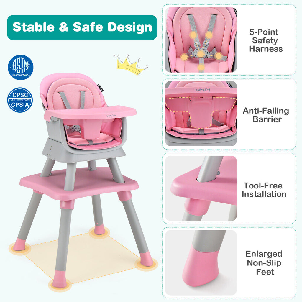 Pink 8-in-1 Convertible Baby High Chair with Removable Tray & Cushion - Costway