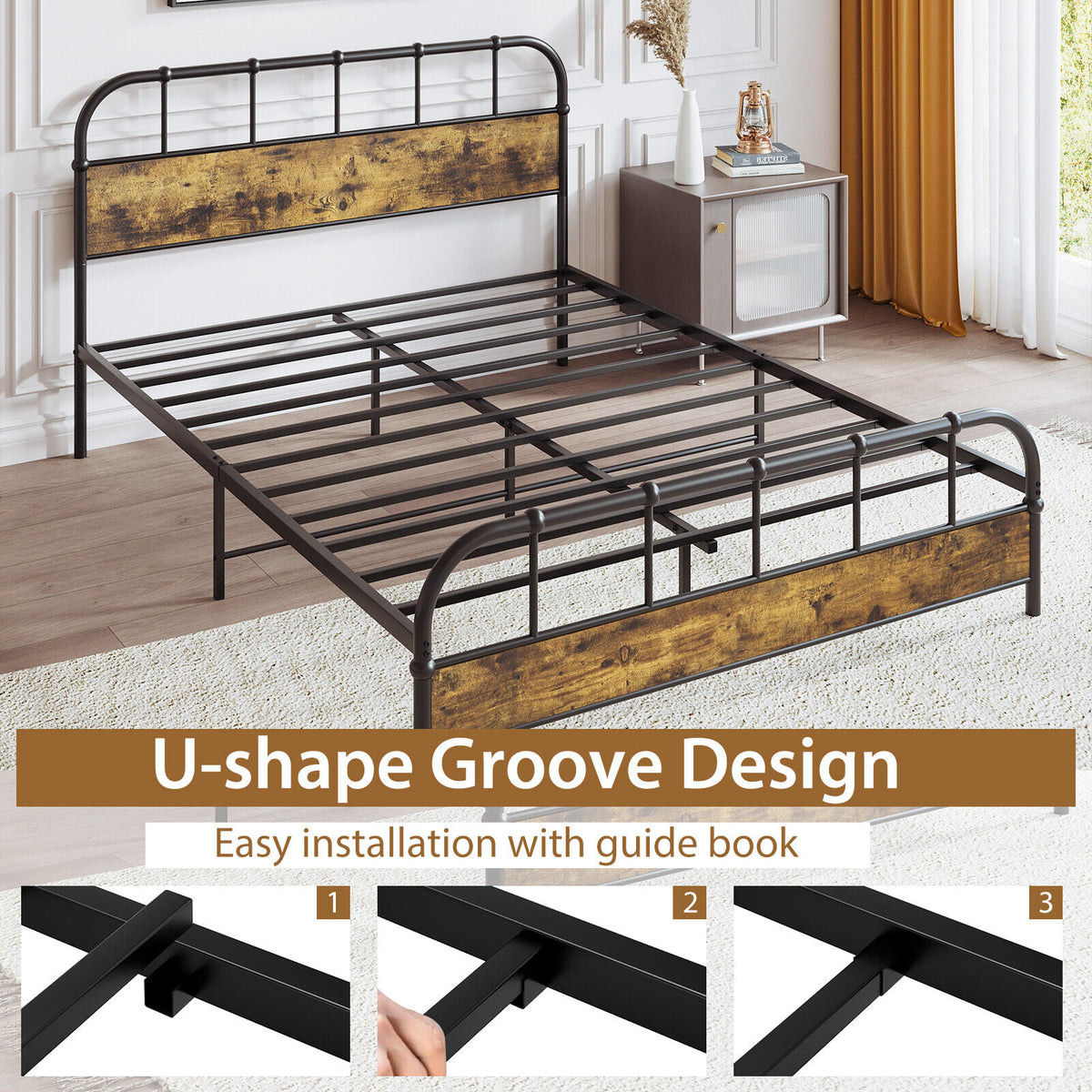 Queen Size Industrial Metal Platform Bed Frame with Headboard - Coffee