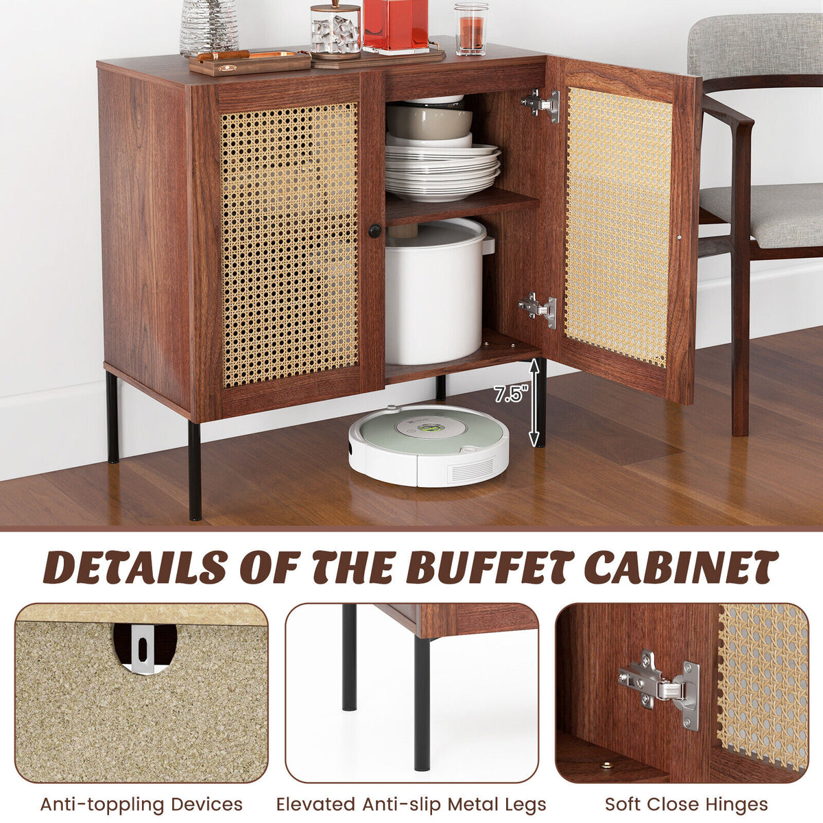 Rattan Storage Sideboard with Adjustable Shelf - Walnut
