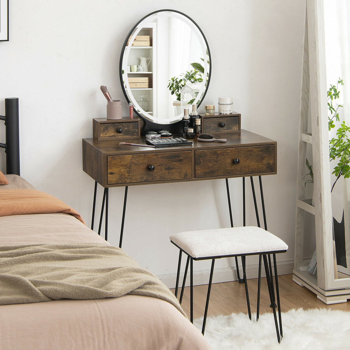 Vanity Desk with Mirror and Lights, Brown