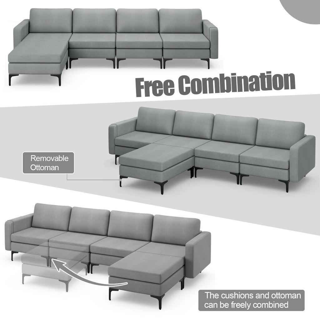 L-Shaped Sectional Sofa with Reversible Ottoman and USB Ports - Gray