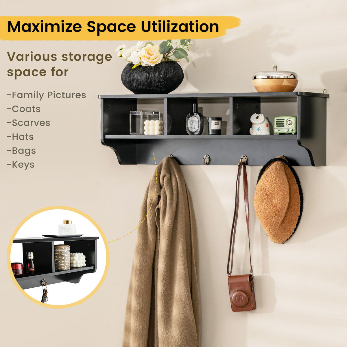 Wall Mount Hooks Shelf for Entryway Storage - Black
