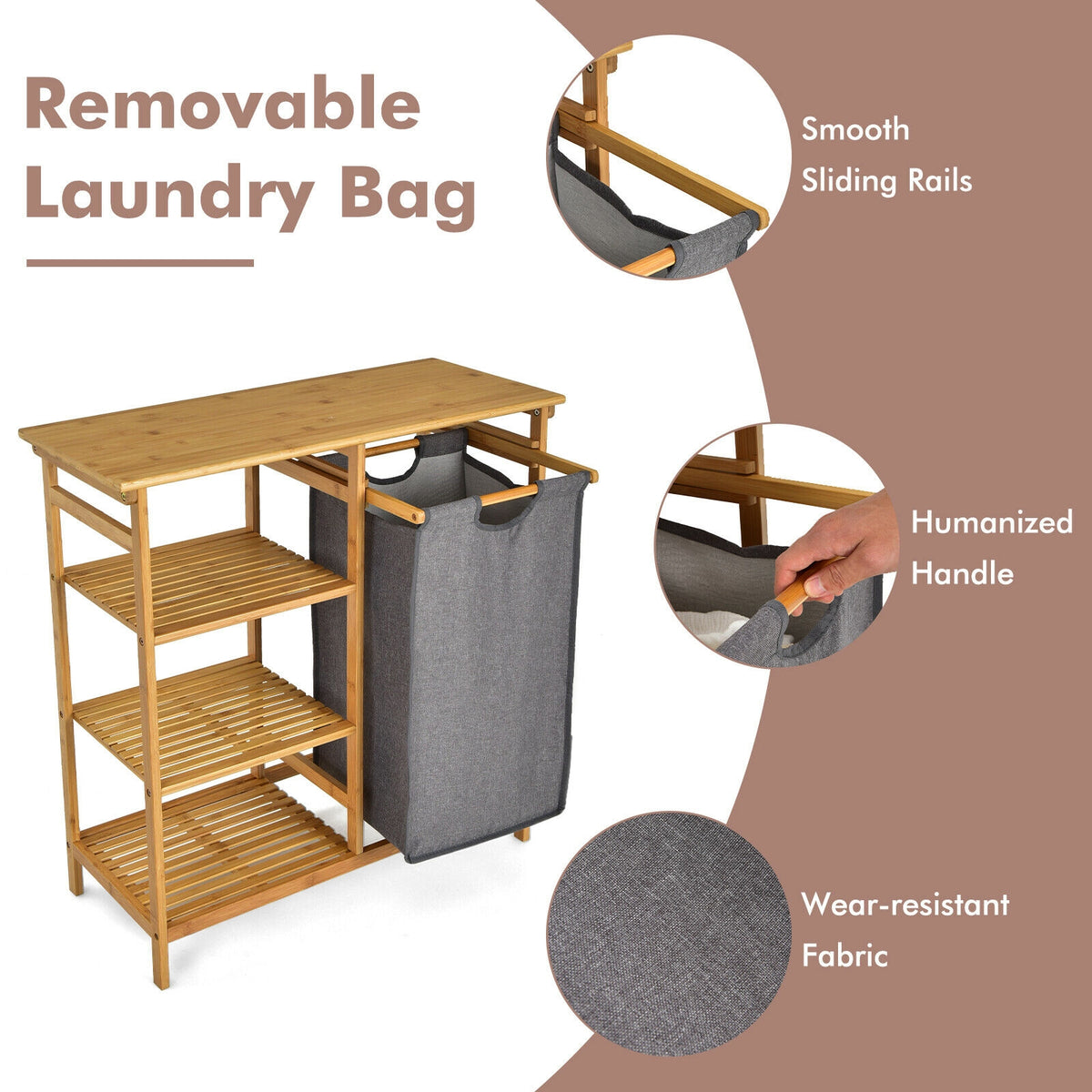 Bamboo Laundry Hamper Stand with Removable Sliding Bag and 3-Tier