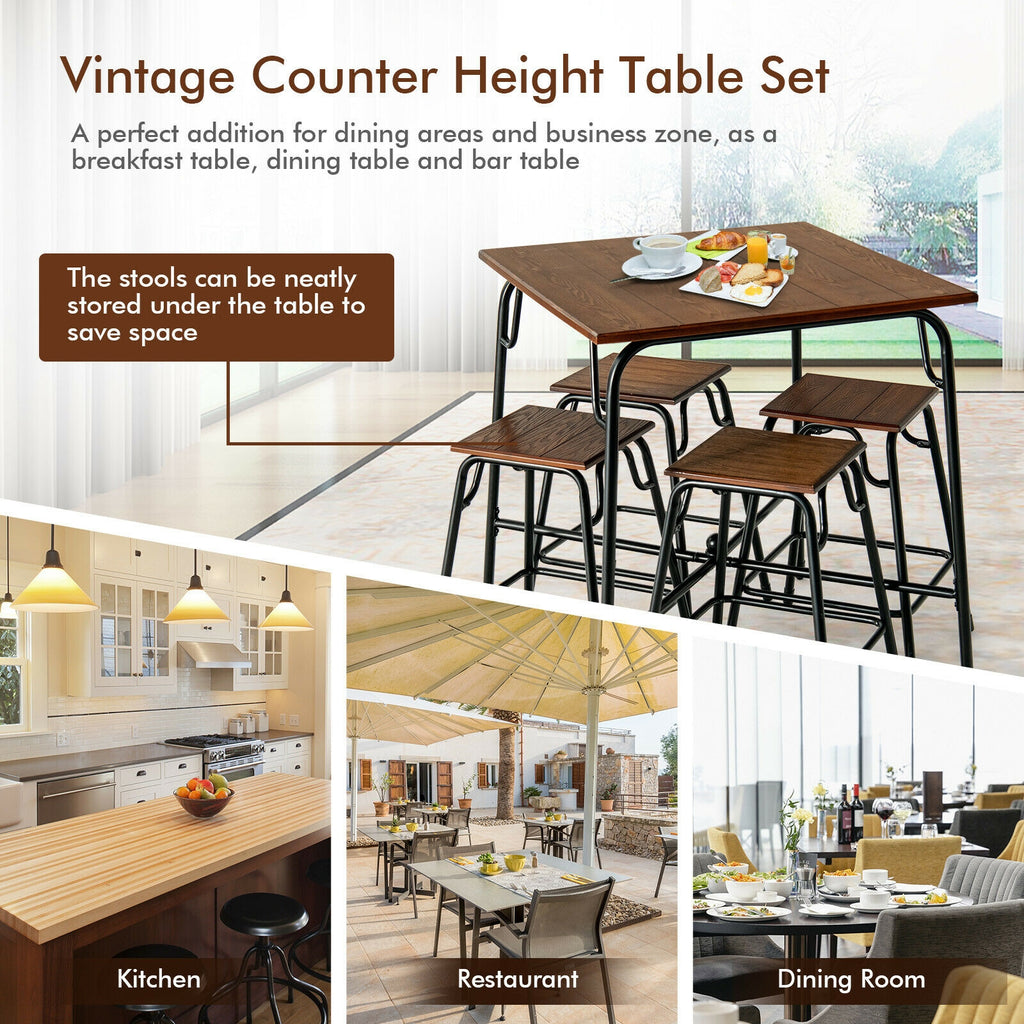 5-Piece Bar Table Set with 4 Counter Height Stools - Rustic Brown