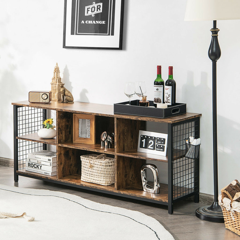 Mid-Century TV Stand 65 inch with Storage Basket, Rustic Brown