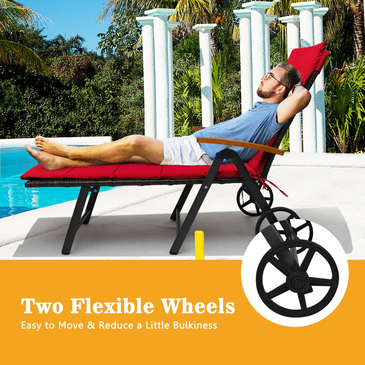 Folding Patio Rattan Lounge Chair with Wheels - Red