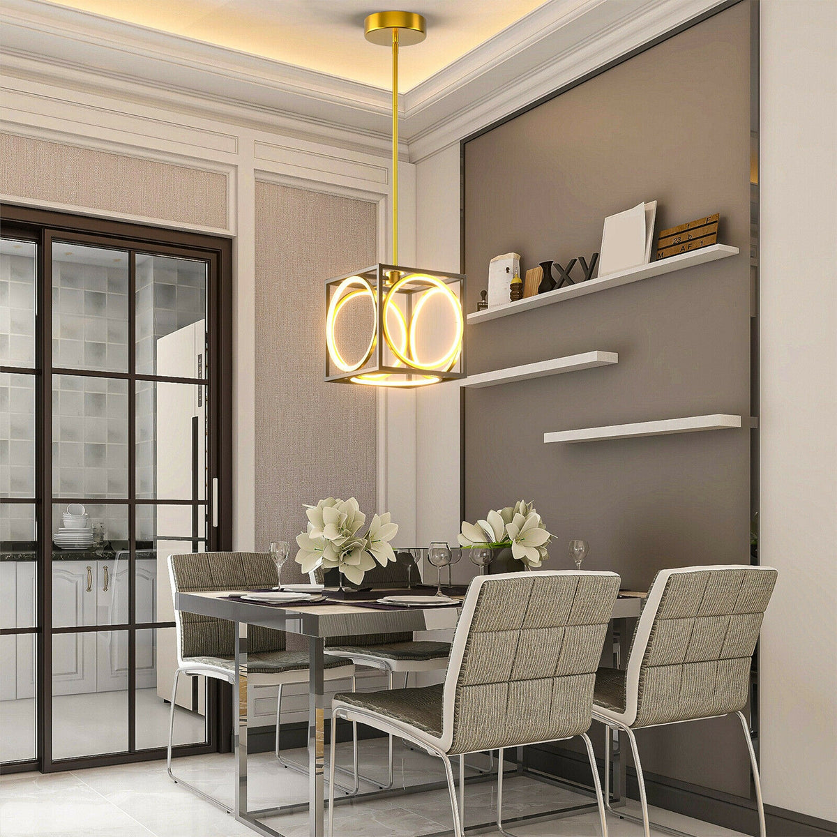 Adjustable Suspender LED Pendant Light - Golden Cube Design, 42 Inch