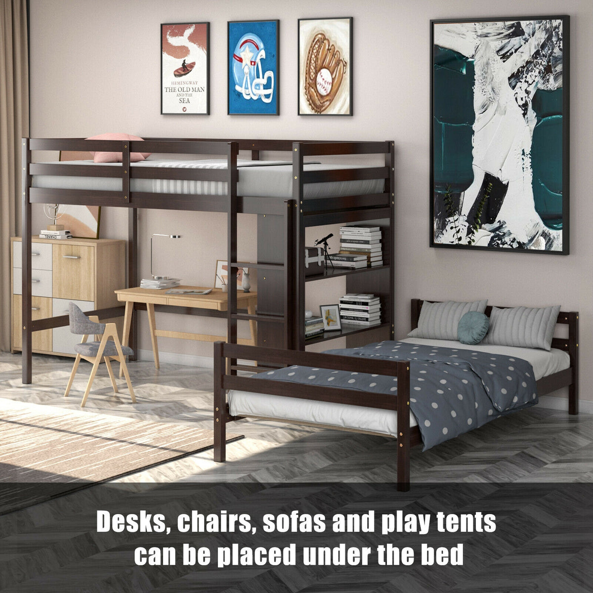 Twin Over Twin Loft Bunk Bed with Bookcase - Dark Brown