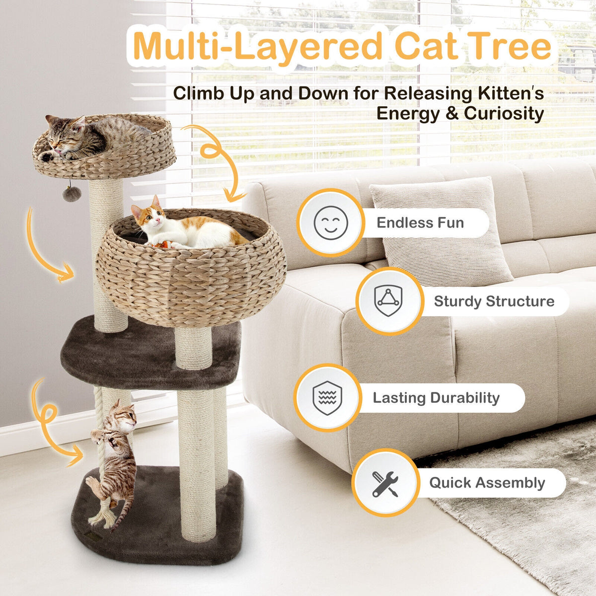 41 Inch Rattan Cat Tree with Napping Perch - Brown