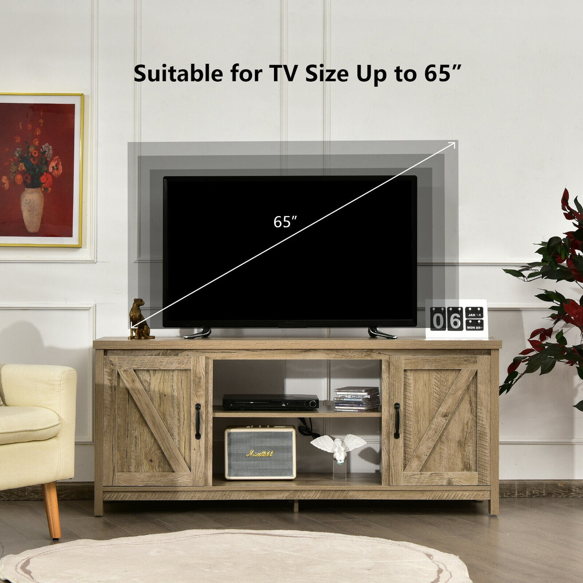 59 Inch Barn Door TV Console Table with Storage - Natural