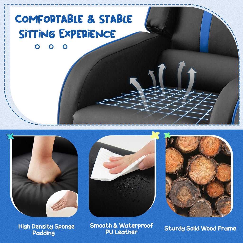 Kids Recliner Chair with Side Pockets & Footrest - Style G, Blue