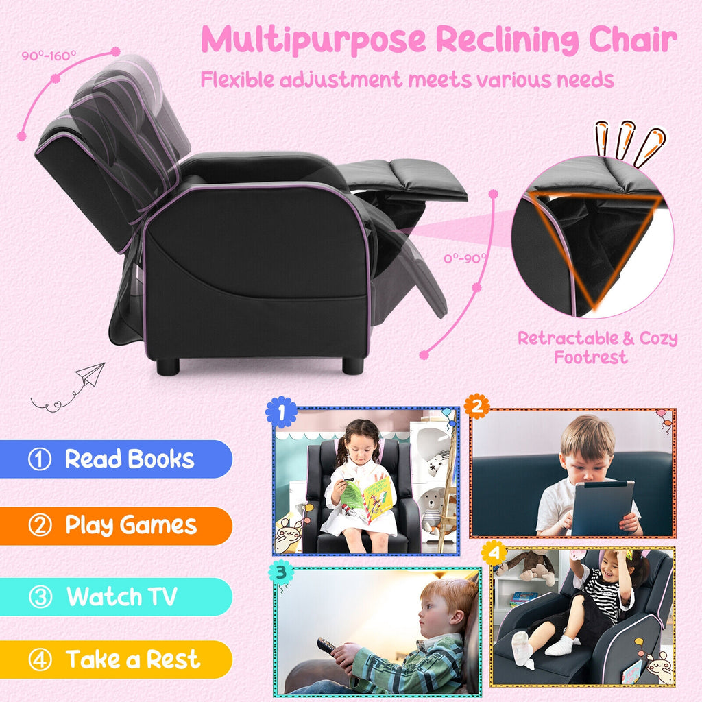 Kids Recliner Chair with Side Pockets & Footrest - Style G Pink