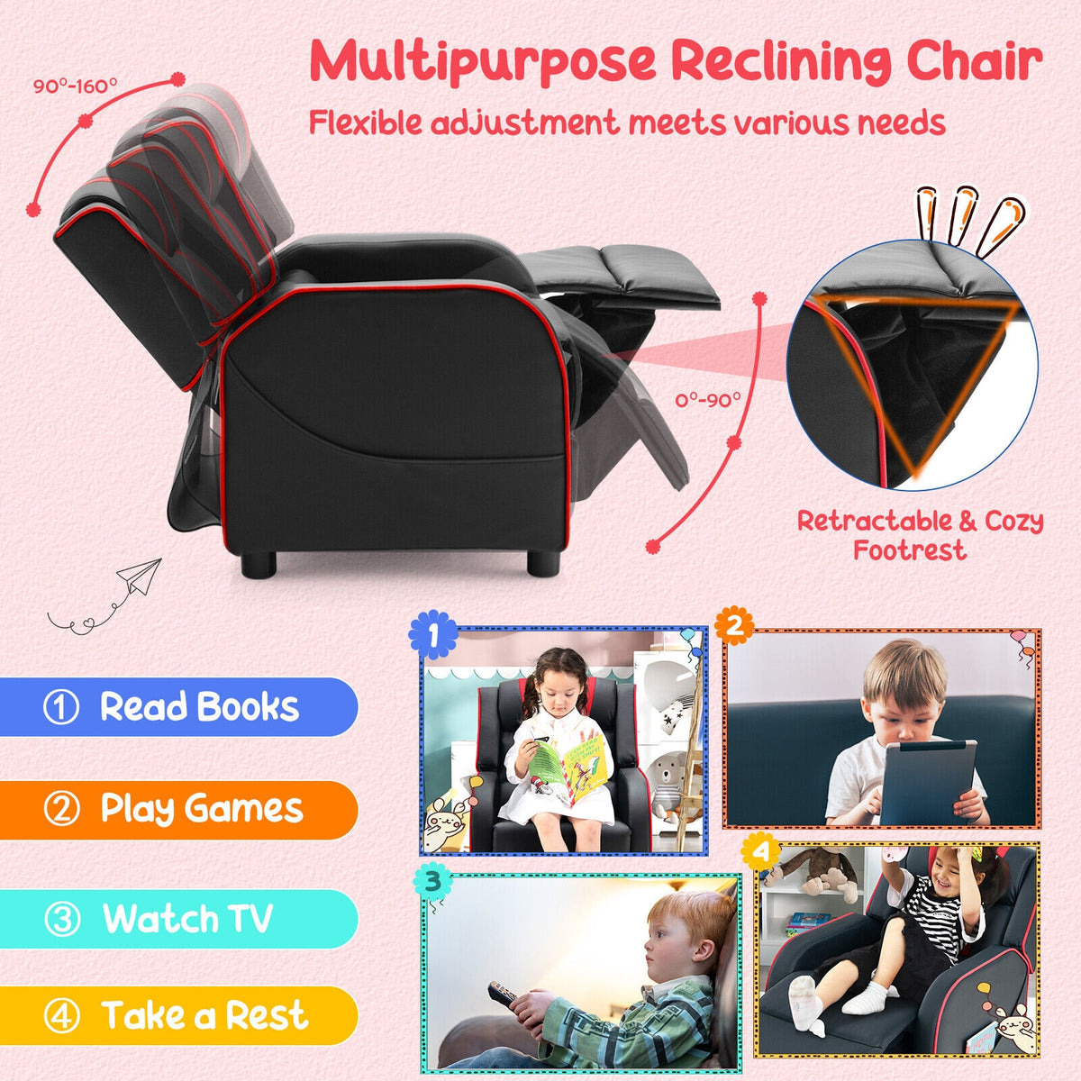 Kids Recliner Chair with Side Pockets & Footrest - Style G, Red